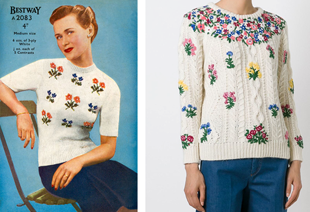 Слева изделие с цветами из британского журнала 1940 года. Справа современный дамский свитер от Valentino.png