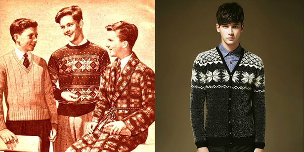 Слева мужской джемпер из американского журнала мод 1943 года. Справа фото из британского журнала мод 2015 года.png